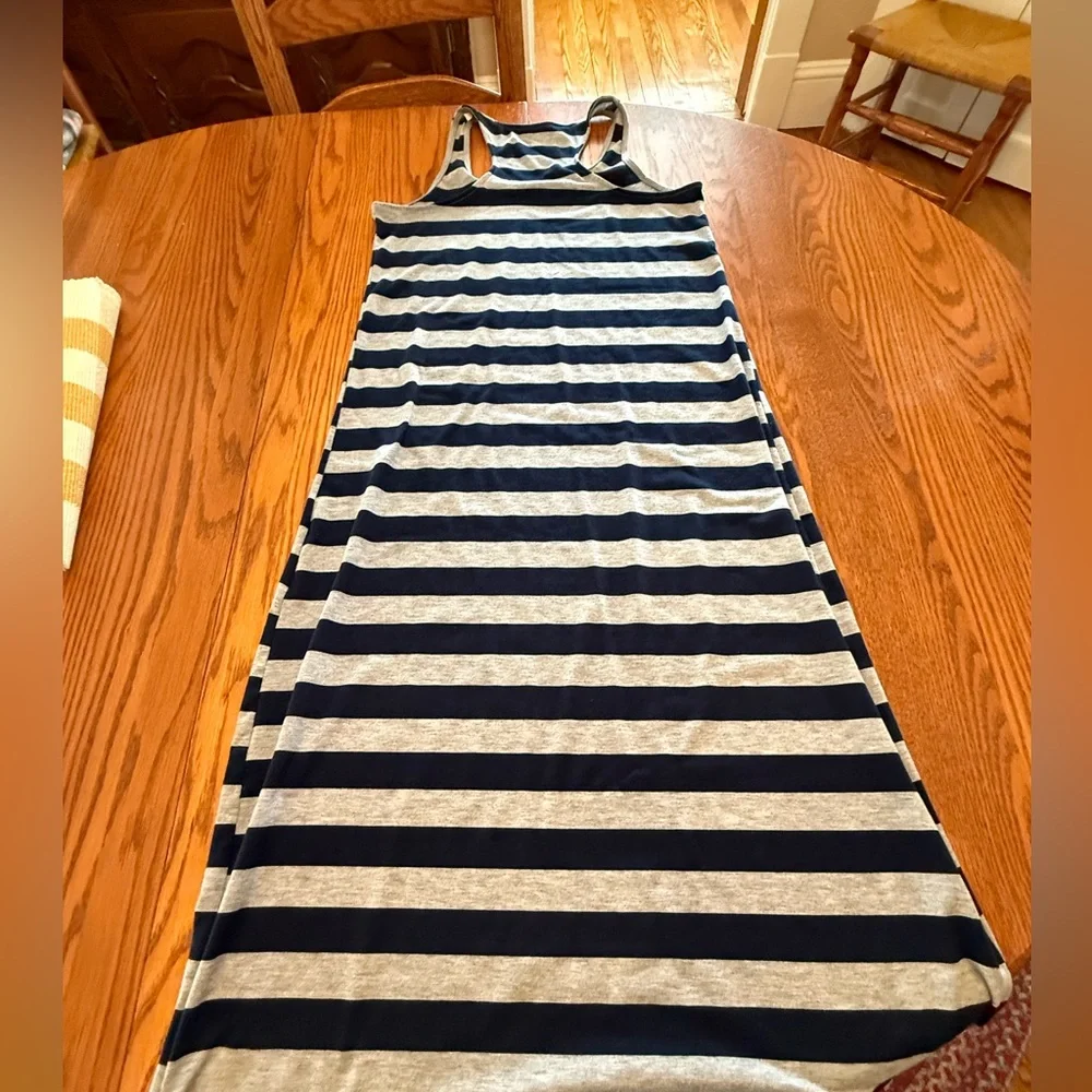 Navy Blue and Gray Striped Sleeveless Dress Ankle Length Casual Summer L - Picture 6 of 9